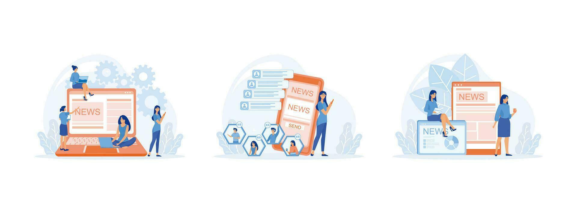 Online news. Mobile phone user sharing news online. People reading print newspaper. Online news set flat vector modern illustration