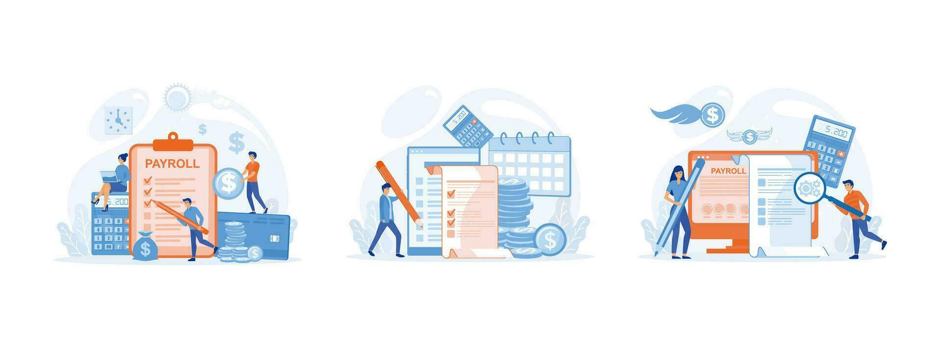 Payroll, salary payment. Salary payment annual bonus. Male and female working on payroll administrative. Payroll set flat vector modern illustration