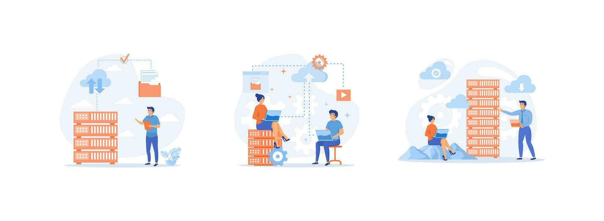Cloud computing, data storage and backup, online database storage technology. Cloud Computing set flat vector modern illustration