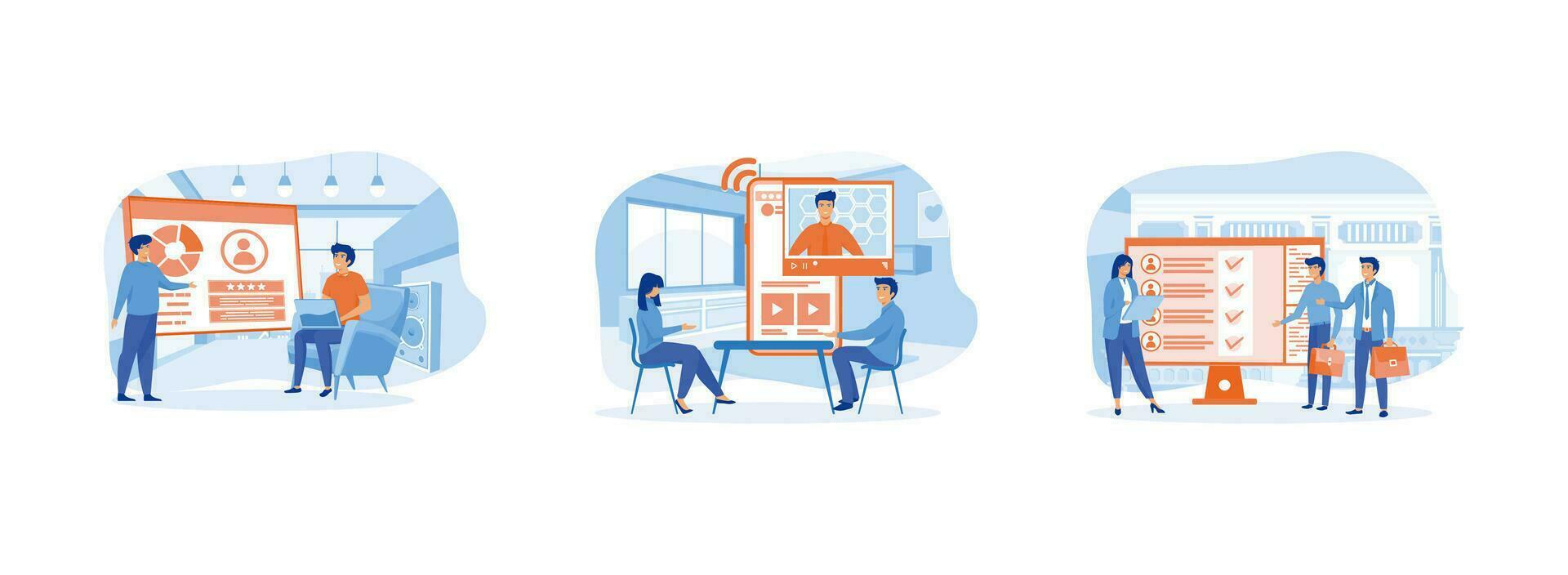 Business conveyor online service. Business planning and development. Business recruitment and employee control. Online service 1 flat vector modern illustration