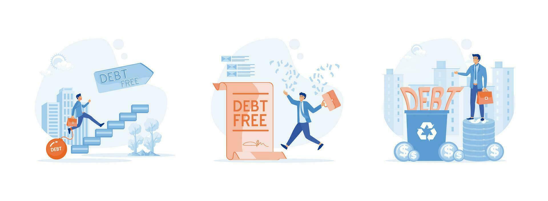 Debt Free concept.  Businessman with debt free letter. Businessman no debt. Cut debt set  flat vector modern illustration