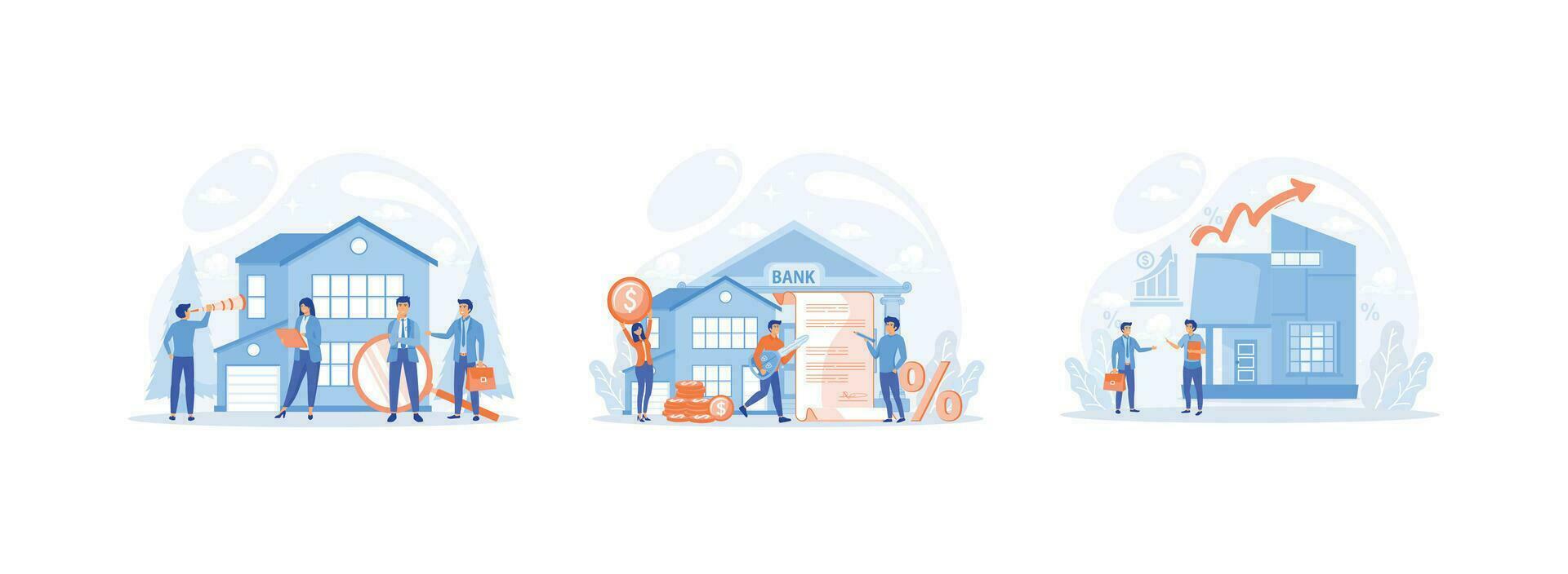 Real estate business. House loan. Property business.  Real estate business 2 set flat vector modern illustration