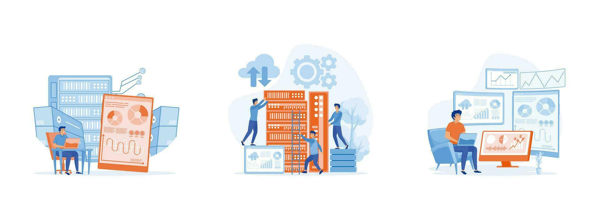 Data center technology concept, data network management,  computer Monitoring Information database. Data center set flat vector modern illustration