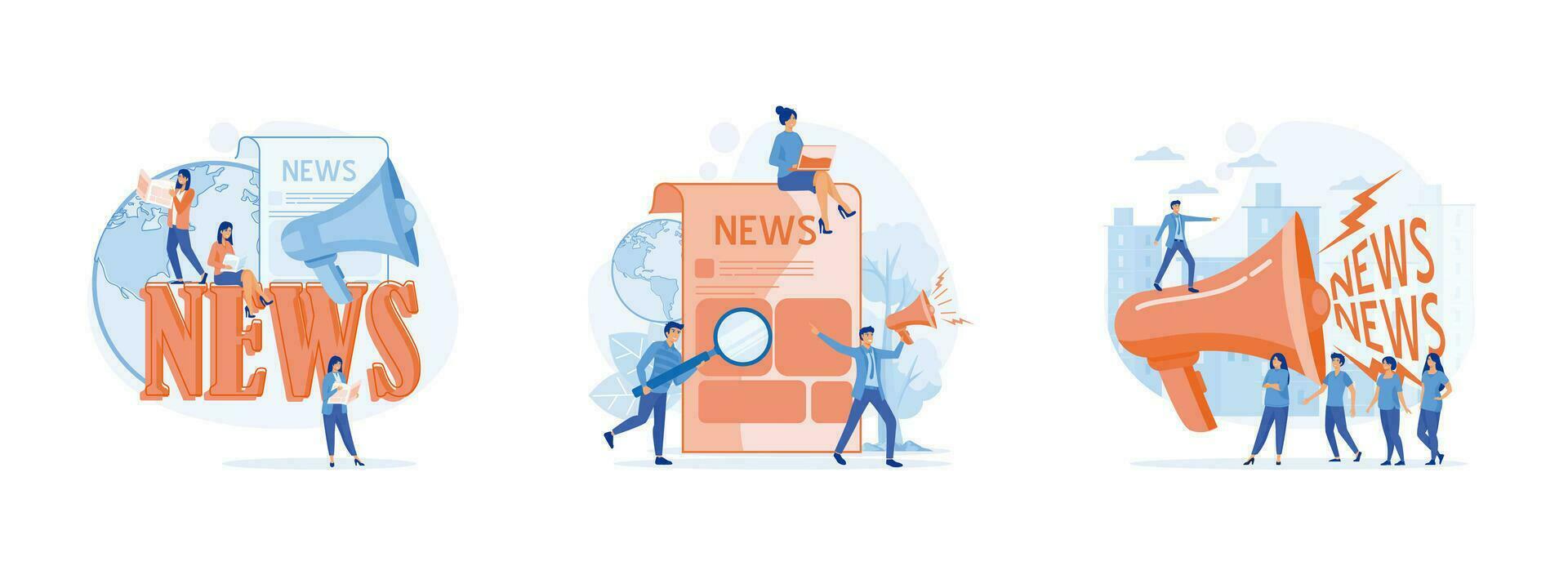 Global news. people read breaking news on newspaper.  tiny people listening to the latest news. Breaking news set flat vector modern illustration