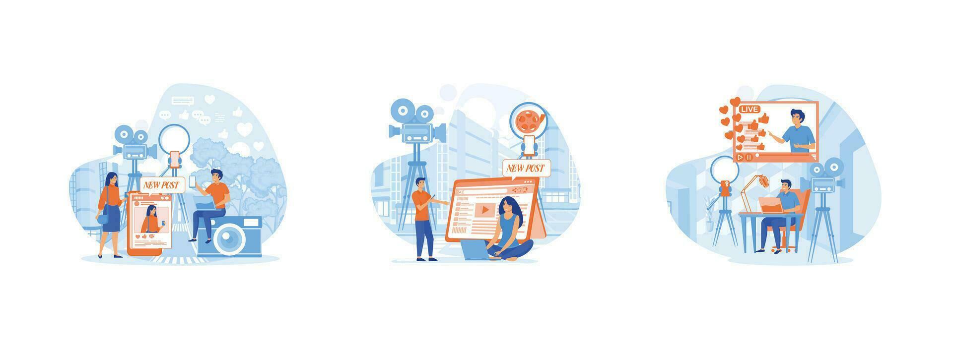 Blogger creating photo and video content Blogger, video shooting.Man video blogger with copy space. Blogger set flat vector modern illustration