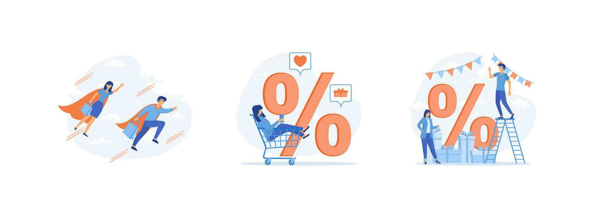 Big discount, Woman sitting in trolley and shopping online, buy on discount sales. Big discount  set flat vector modern illustration