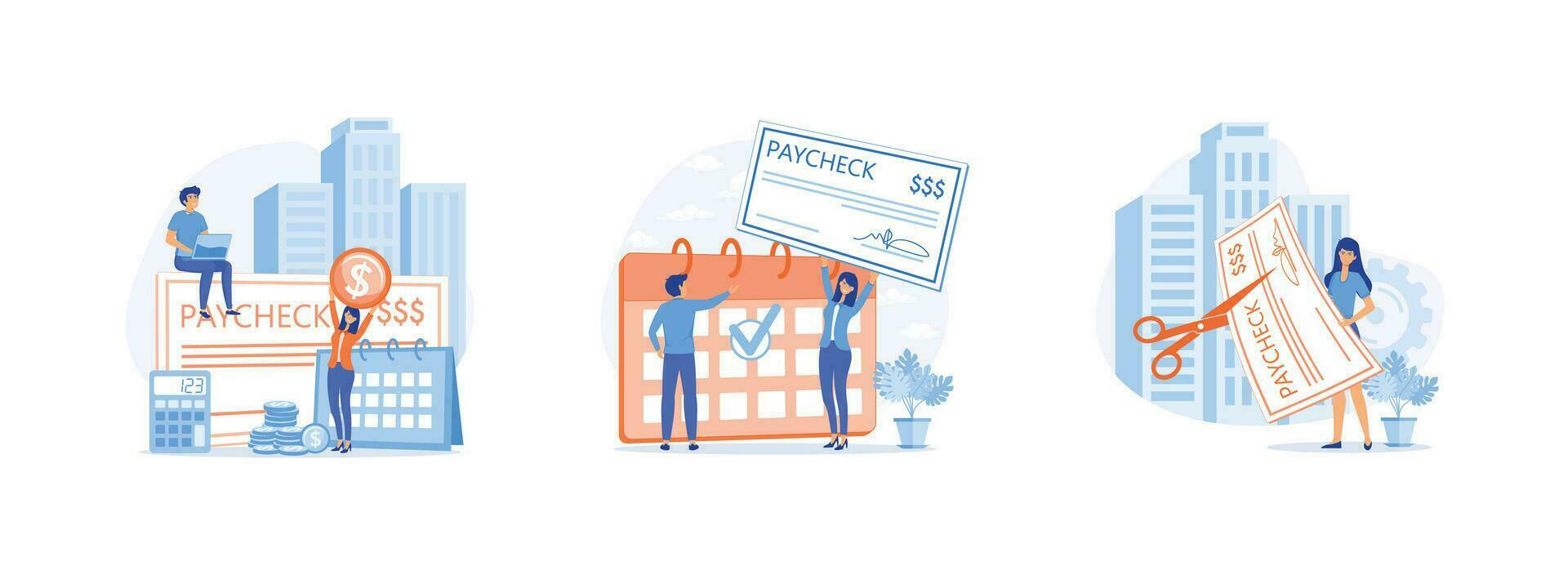 cheque de pago calendario con día de paga. economía crisis. cheque de pago conjunto plano vector moderno ilustración