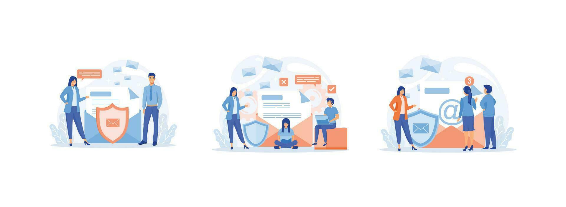 People stand near big envelope, letter, shield. Email set flat vector modern illustration