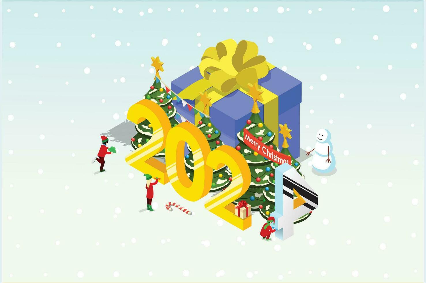 Isometric illustration Christmas and New year design concept. People Celebrates Christmas and New Year with Christmas tree, gift boxes and Snowman. Suitable for Infographics and Book Illustration vector