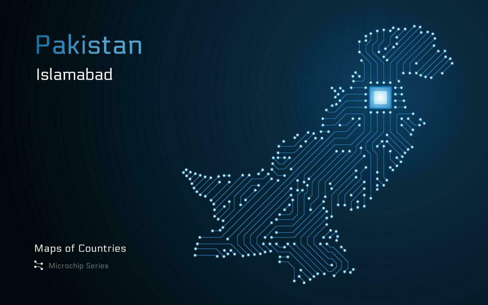 Pakistan Map with a capital of Islamabad Shown in a Microchip Pattern with processor. E-government. World Countries vector maps.