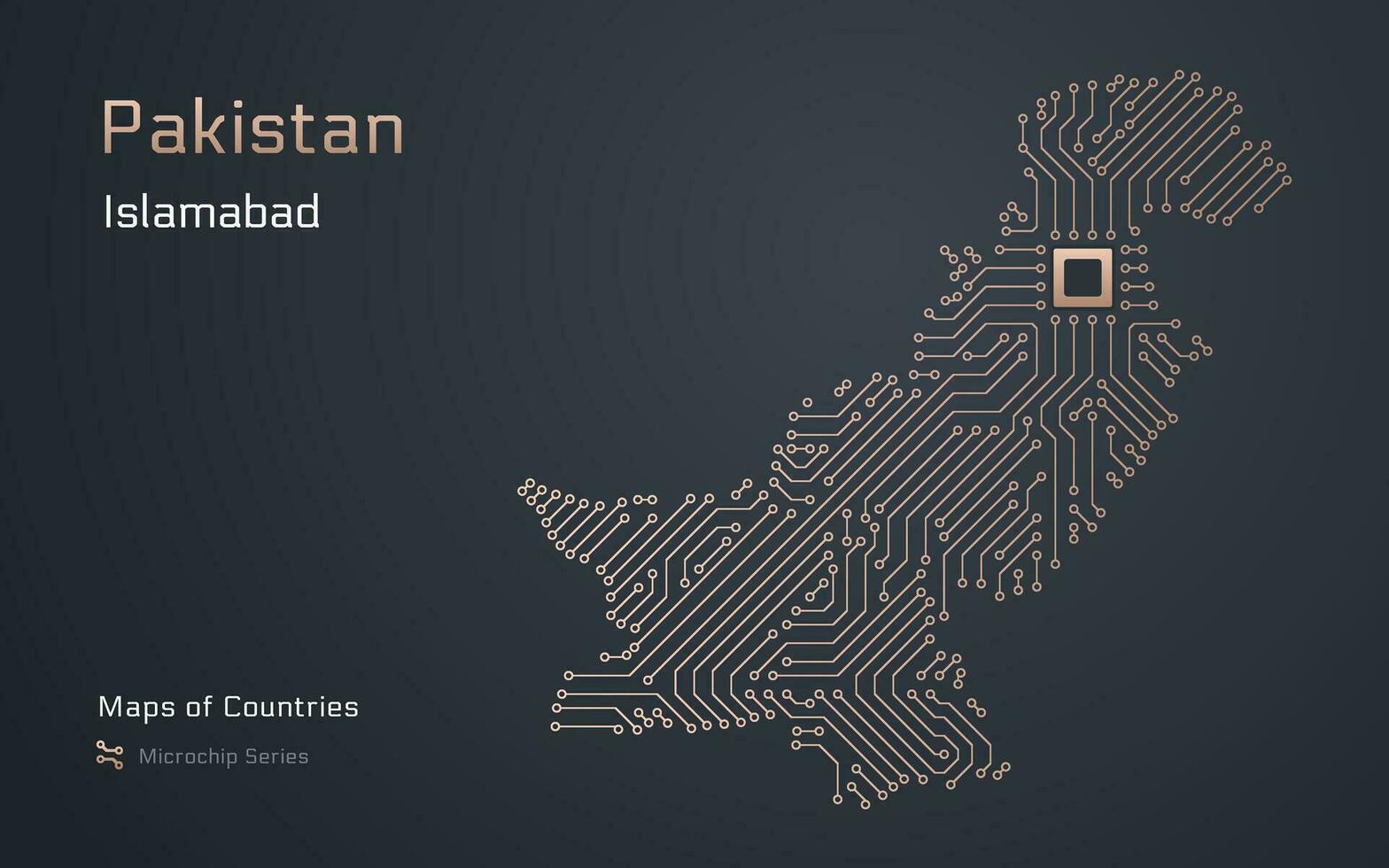 Pakistán mapa con un capital de islamabad mostrado en un pastilla modelo con procesador. gobierno electrónico. mundo países vector mapas