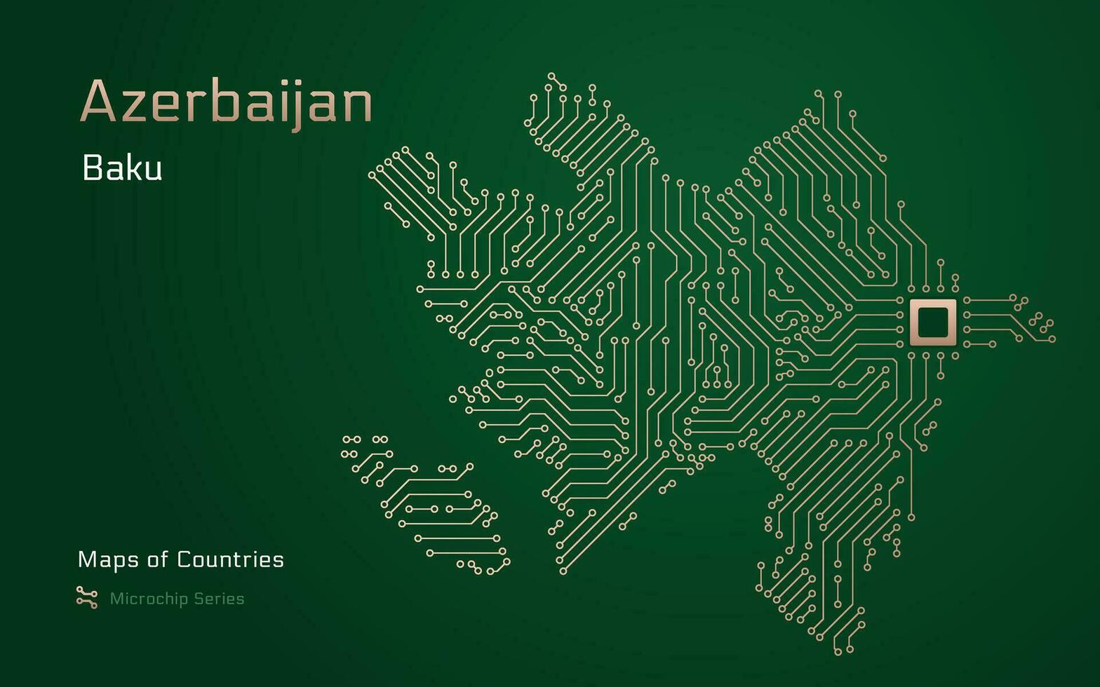 Azerbaijan Map with a capital of Baku Shown in a Microchip Pattern with processor. E-government. World Countries vector maps.