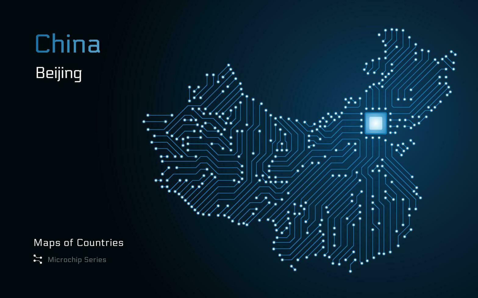 China Glossy Map with a capital of Beijing Shown in a Microchip Pattern with processor. E-government. World Countries vector maps. Microchip Series