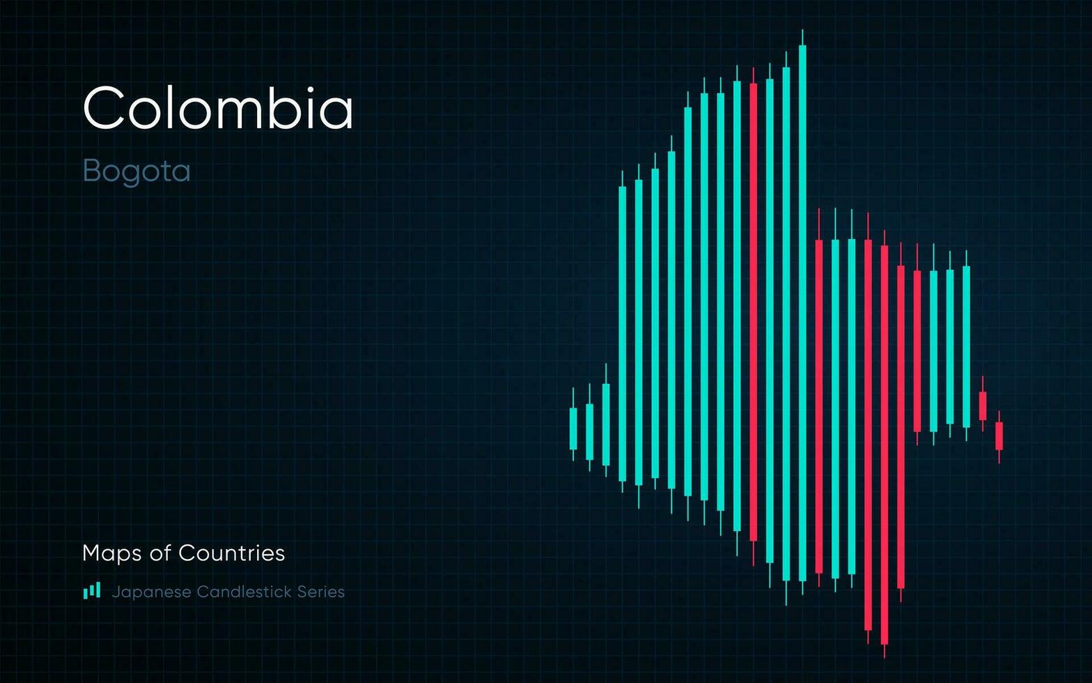 Colombia map is shown in a chart with bars and lines. Bogota. SHOTLISTbanking. Japanese candlestick chart Series vector