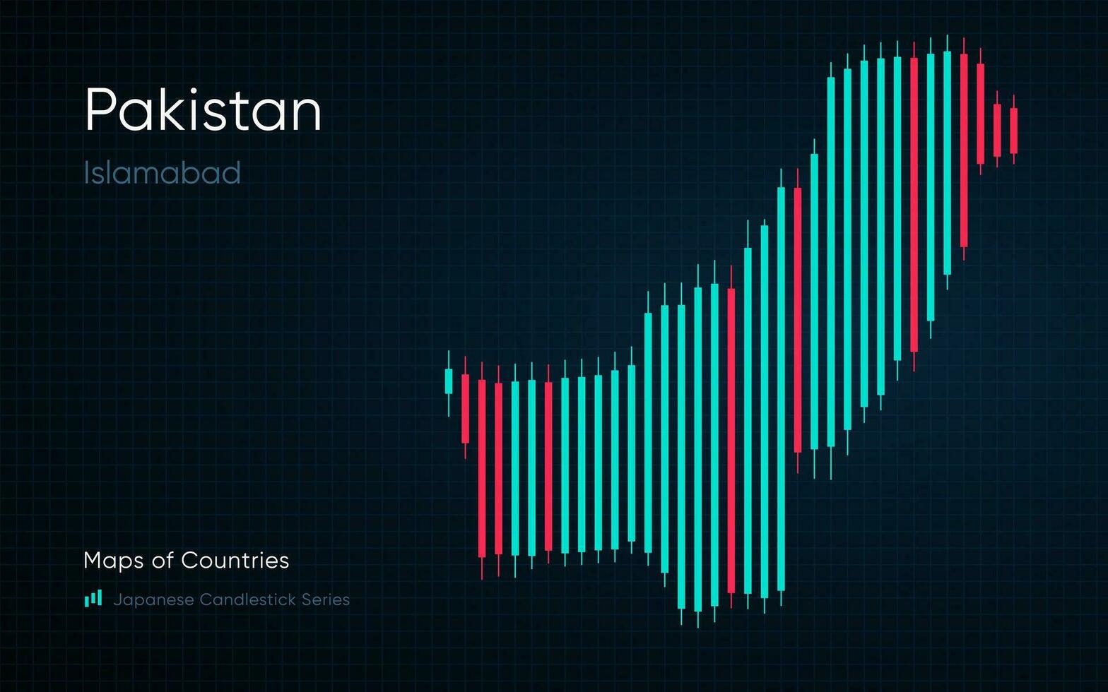 Pakistán mapa es mostrado en un gráfico con barras y líneas. islamabad. banca de lista de tiro. japonés candelero gráfico serie vector