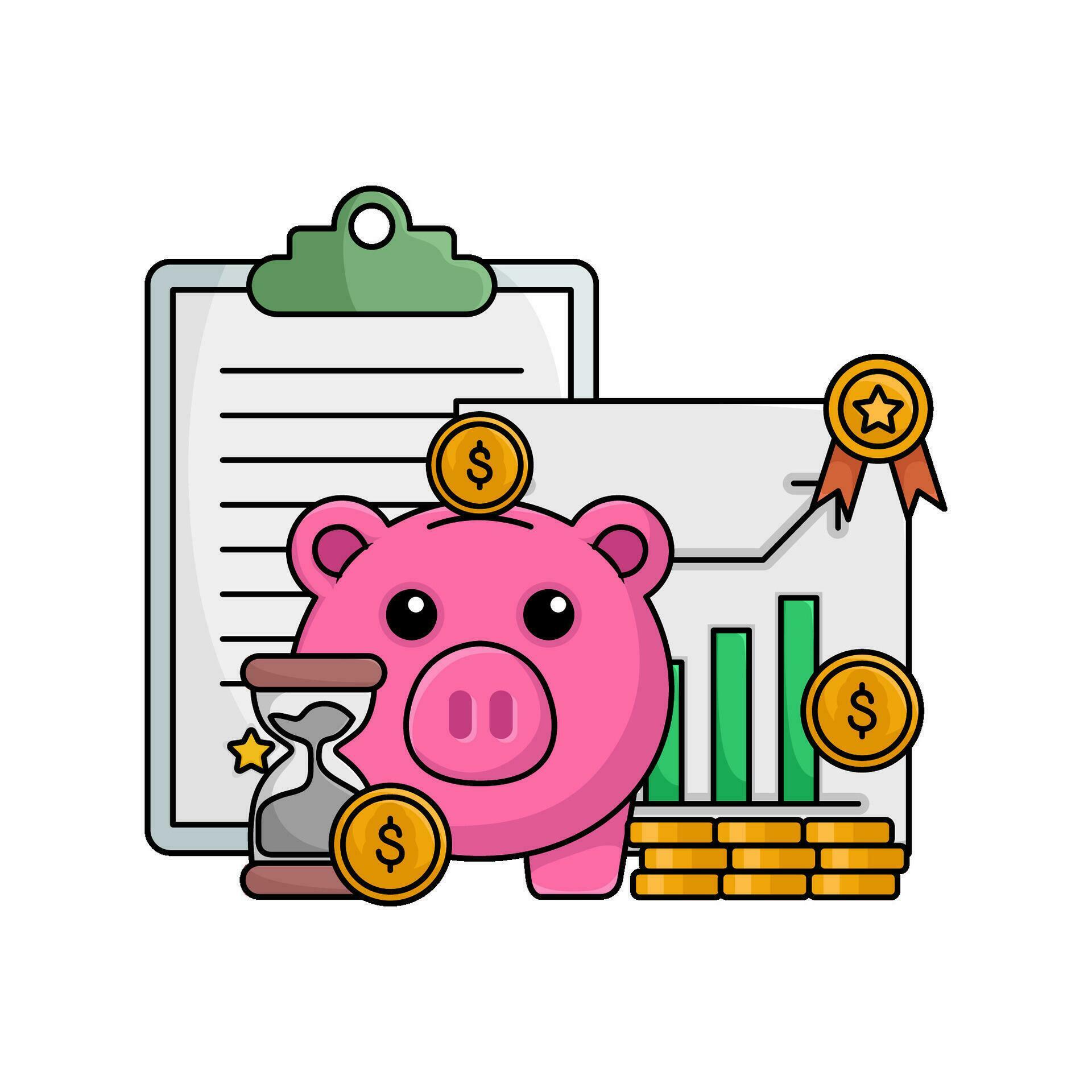 piggy bank, hourglass, money coin, award ribbon, chart graphic in paper with calendar
