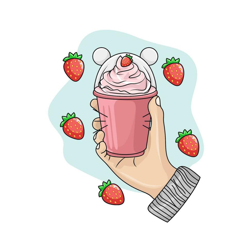 ice cream strawberry in hand with strawberry illustration vector