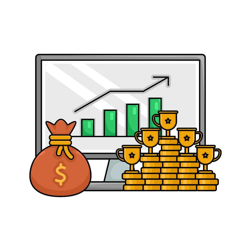 money coin, trophy, money bag with chart gaphic in computer illustration vector