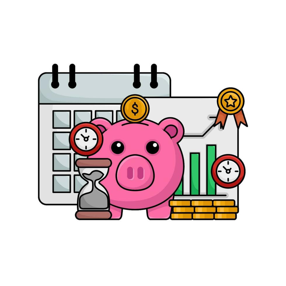 cerdito banco, reloj de arena, dinero moneda, reloj tiempo, premio cinta, gráfico gráfico en papel con calendario ilustración vector