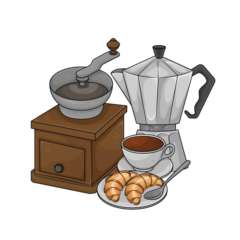 amoladora, tetera, café bebida con Pastelería ilustración vector