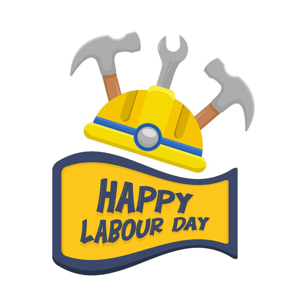 happy labour day in ribbon, helmet labour, wrench tools  with hammer illustration vector
