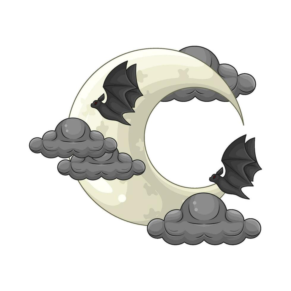 moon, cloud with bat illustration vector