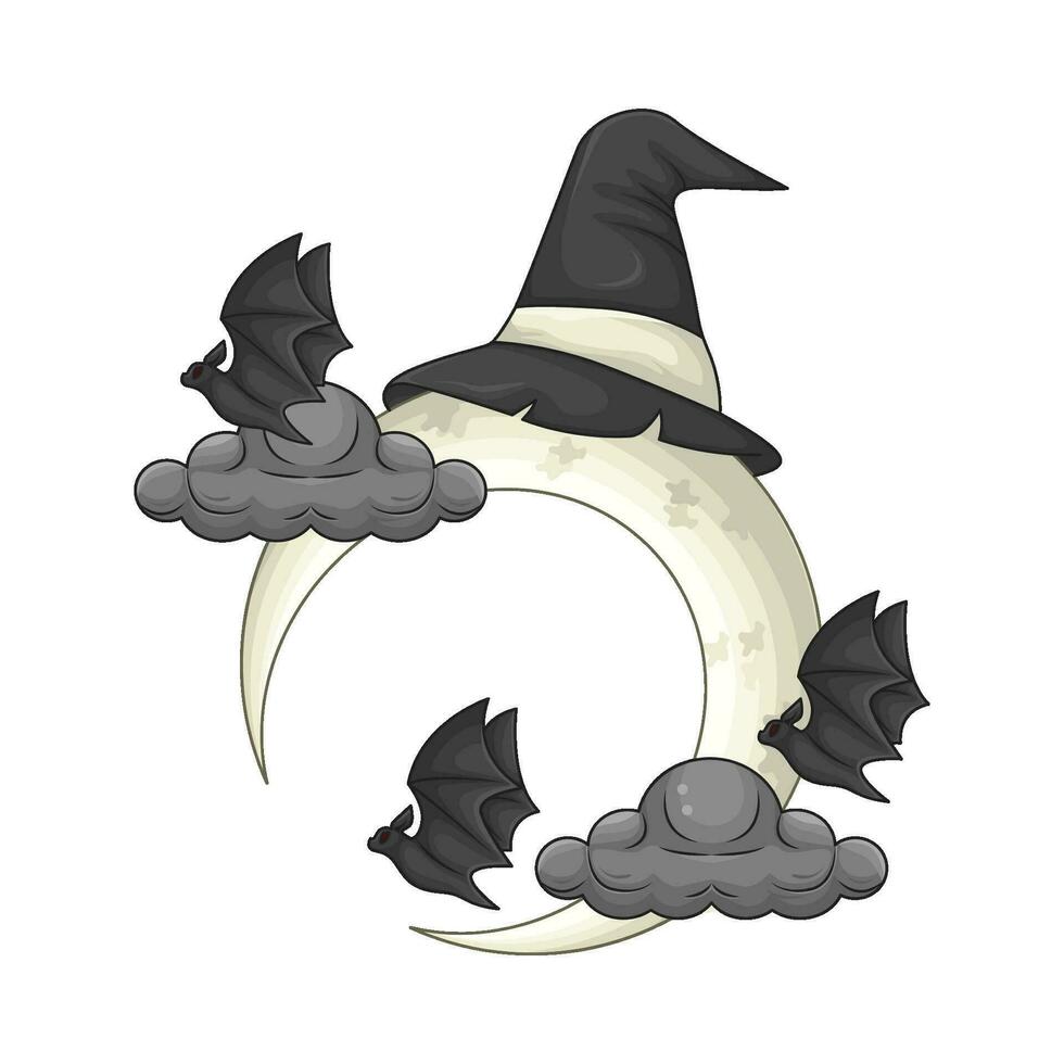 hat witch in moon, cloud with bat fly illustration vector