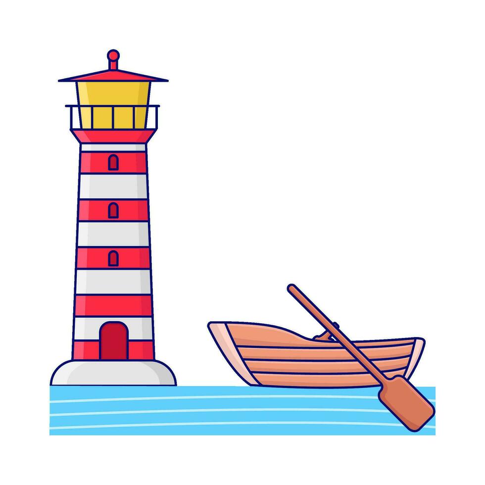 boat in sea with mercusuar illustration vector