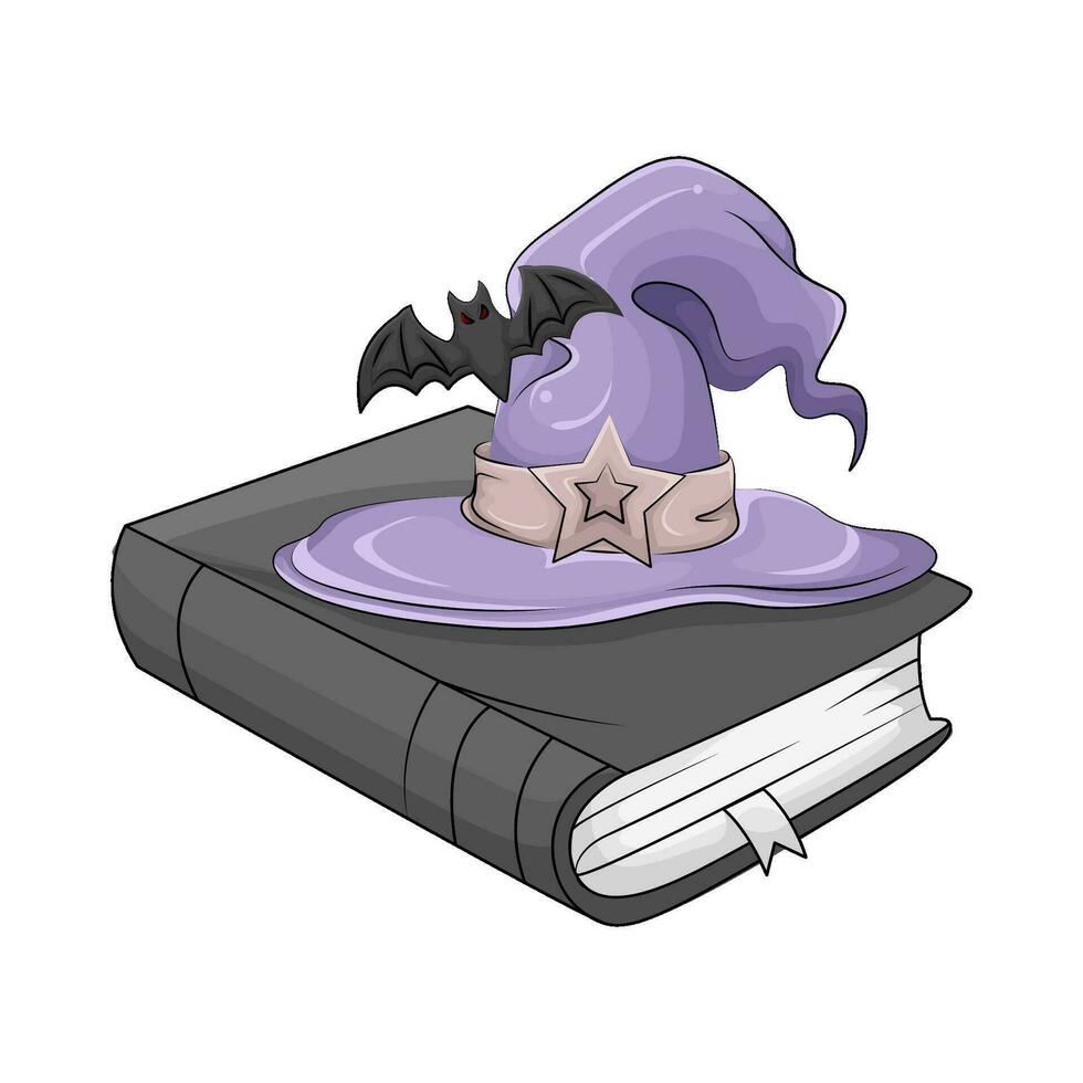 hat witch in book with bat fly illustration vector