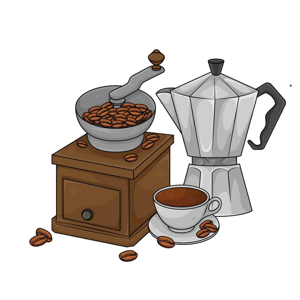 amoladora, café bebida con tetera ilustración vector