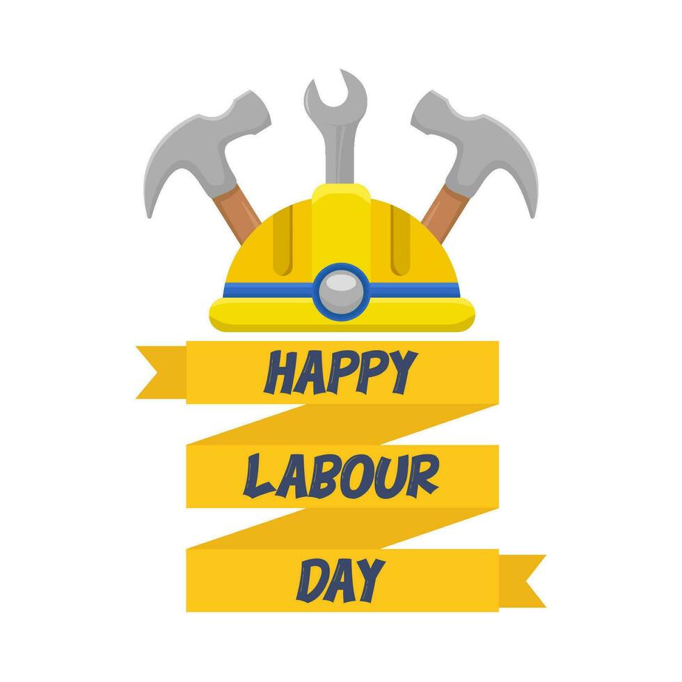 happy labour day in ribbon, helmet labour, wrench tools  with hammer illustration vector