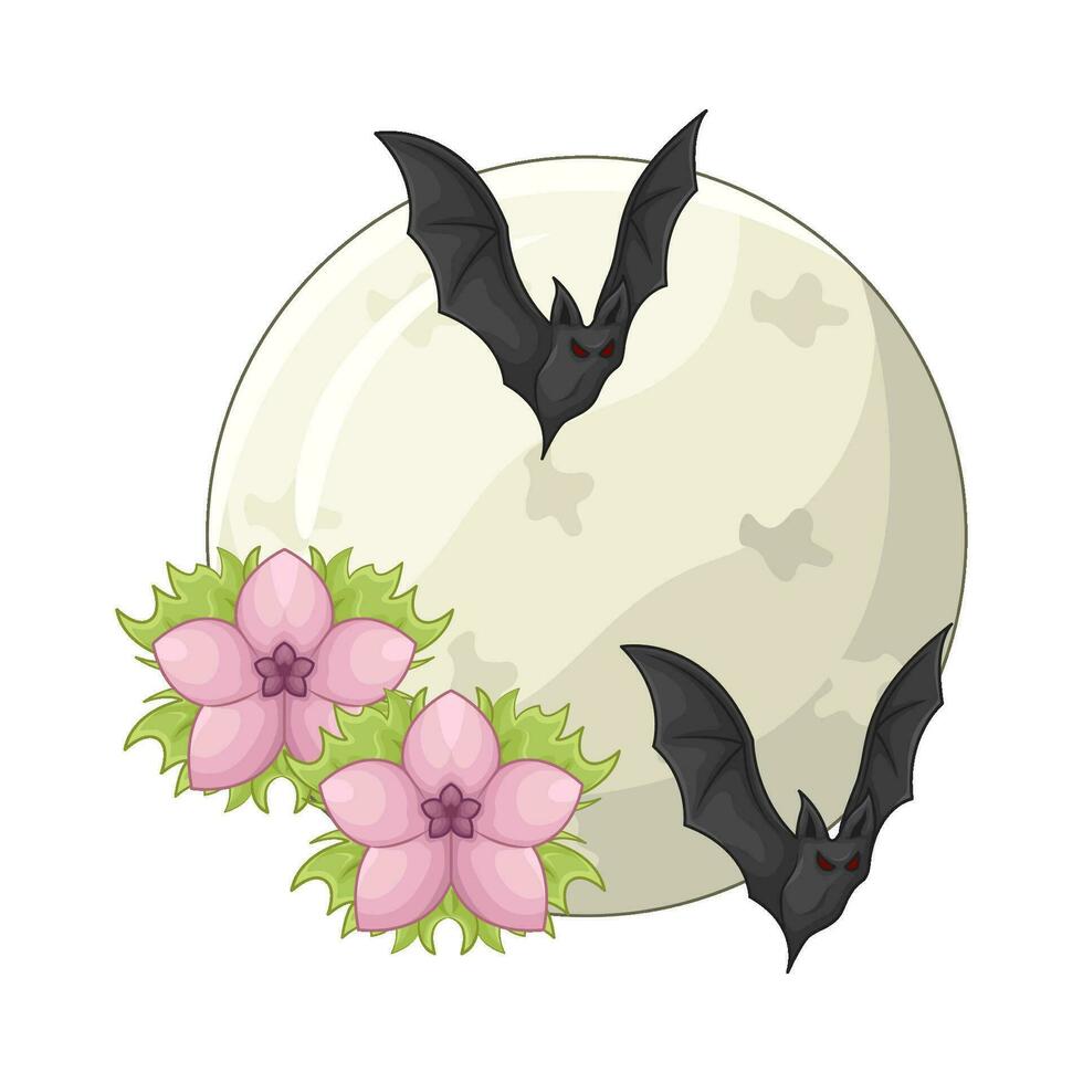 bat fly with flower in full moon illustration vector