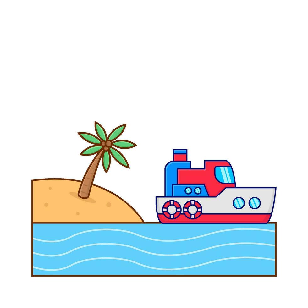 boat in beach with palm tree illustration vector