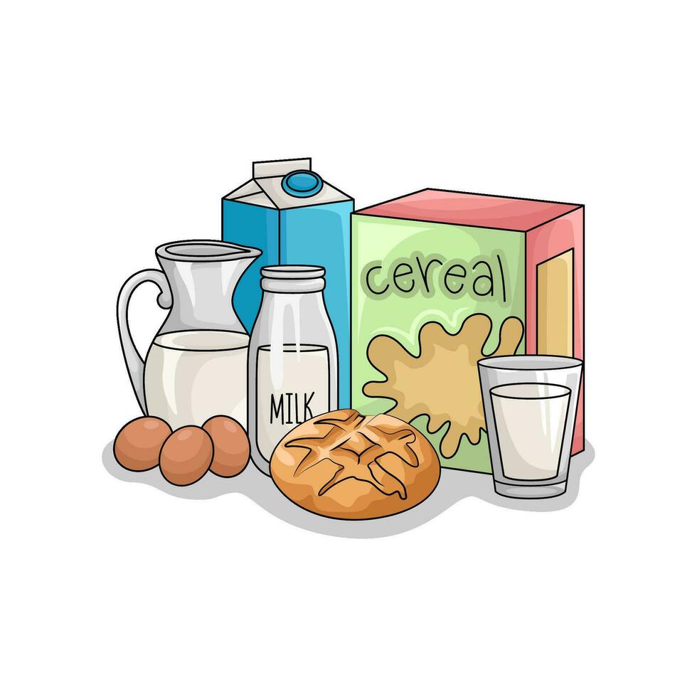 cereal box, milk, pastry with egg illustration vector