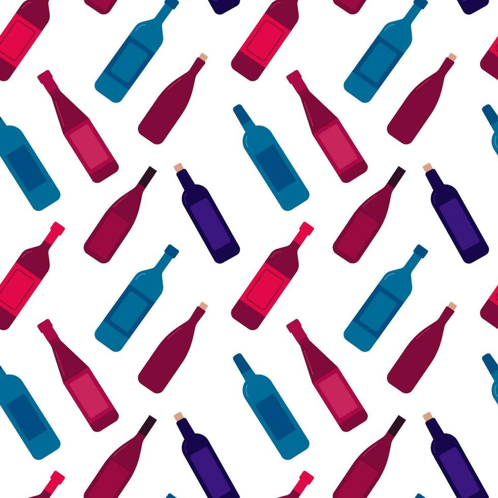 Flat wine bottles seamless pattern. Kinds of wine bottles vector pattern