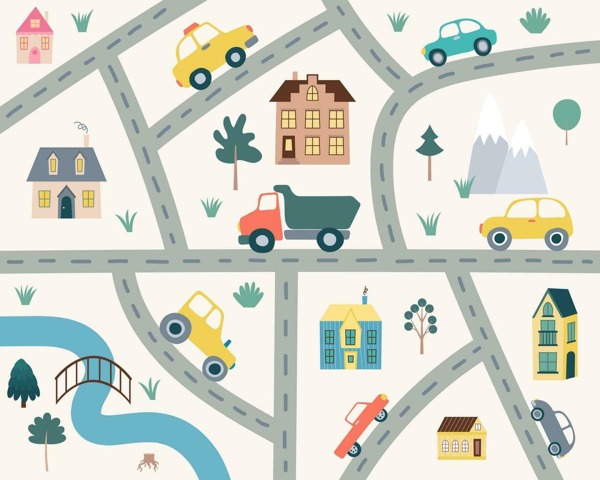 Kids city map with roads, houses and transport vector illustration. Cute kids map with scandinavian houses and cars