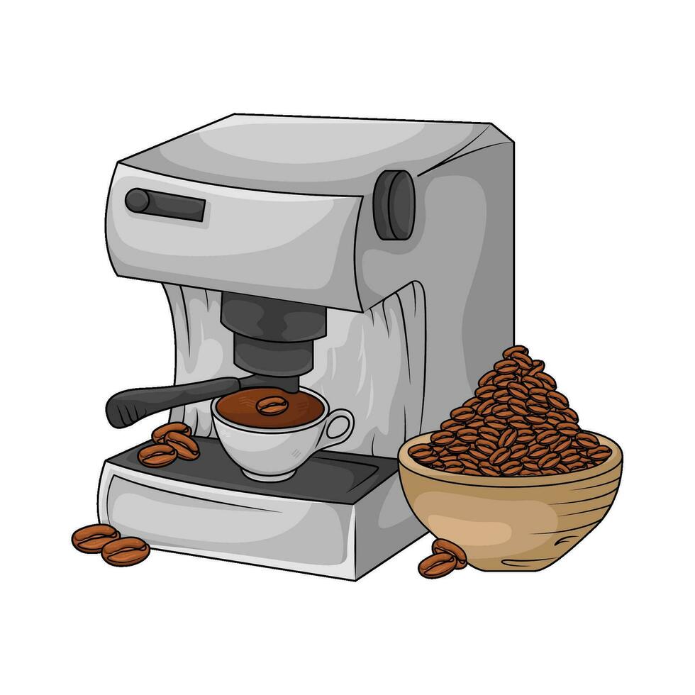 coffee beans in bowl with coffee drink in coffee maker illustration vector