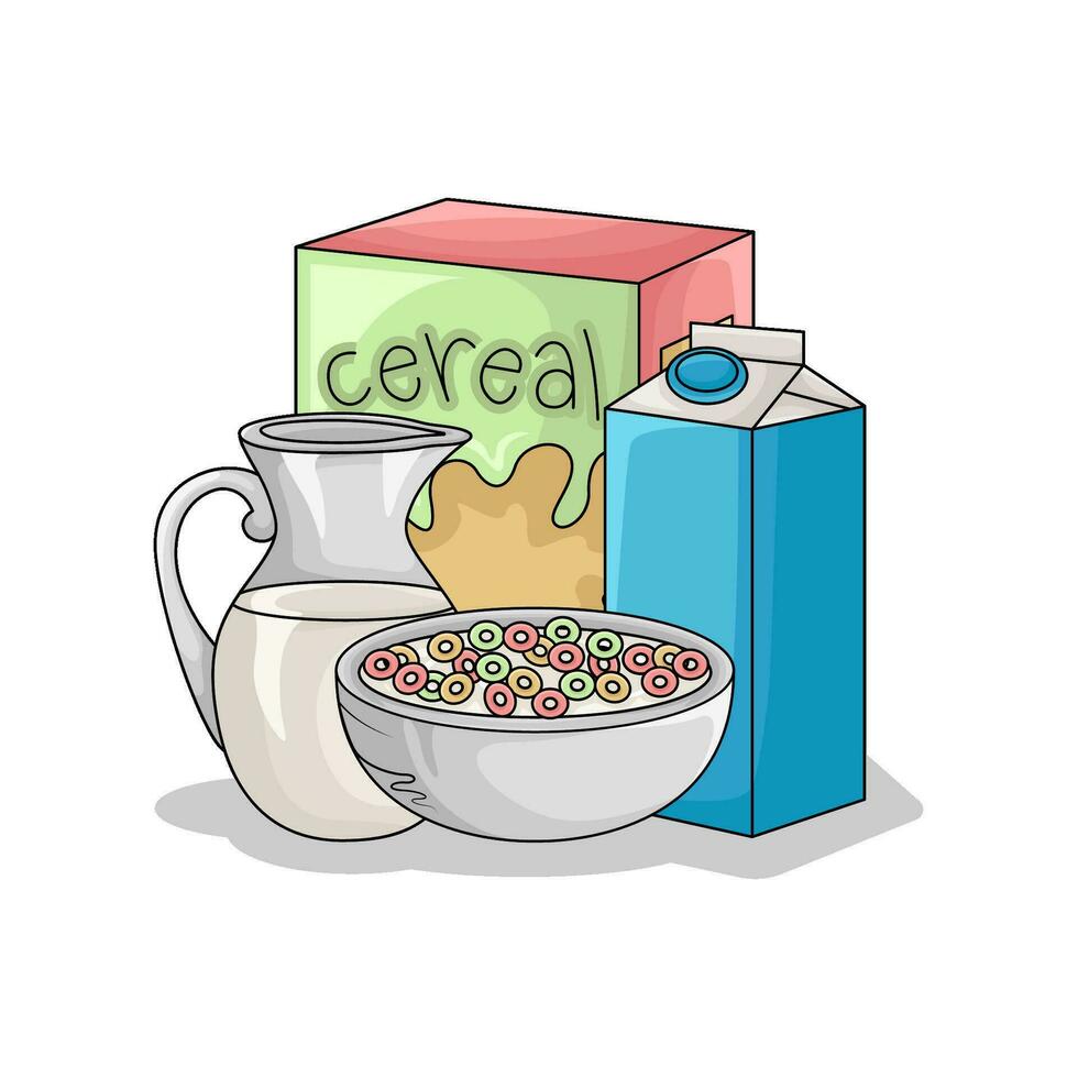 cereal box, milk with cereal in bowl illustration vector