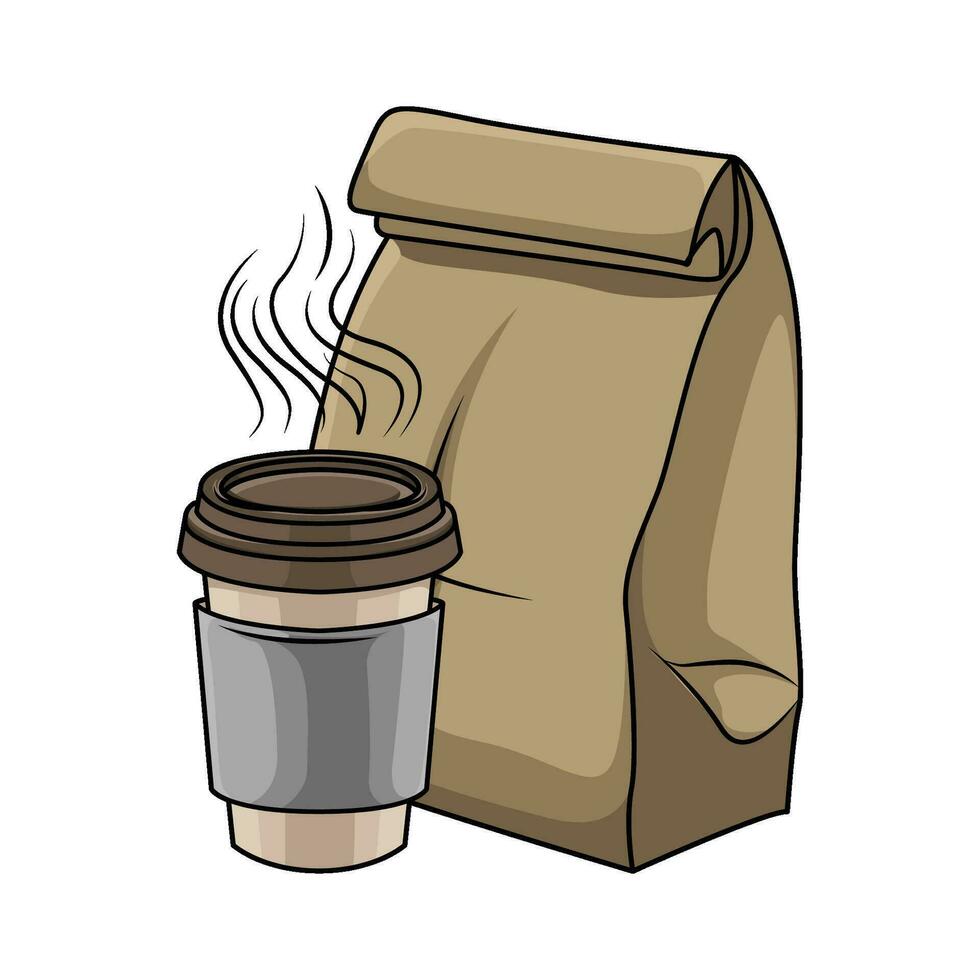 bolsa de papel con taza café bebida ilustración vector