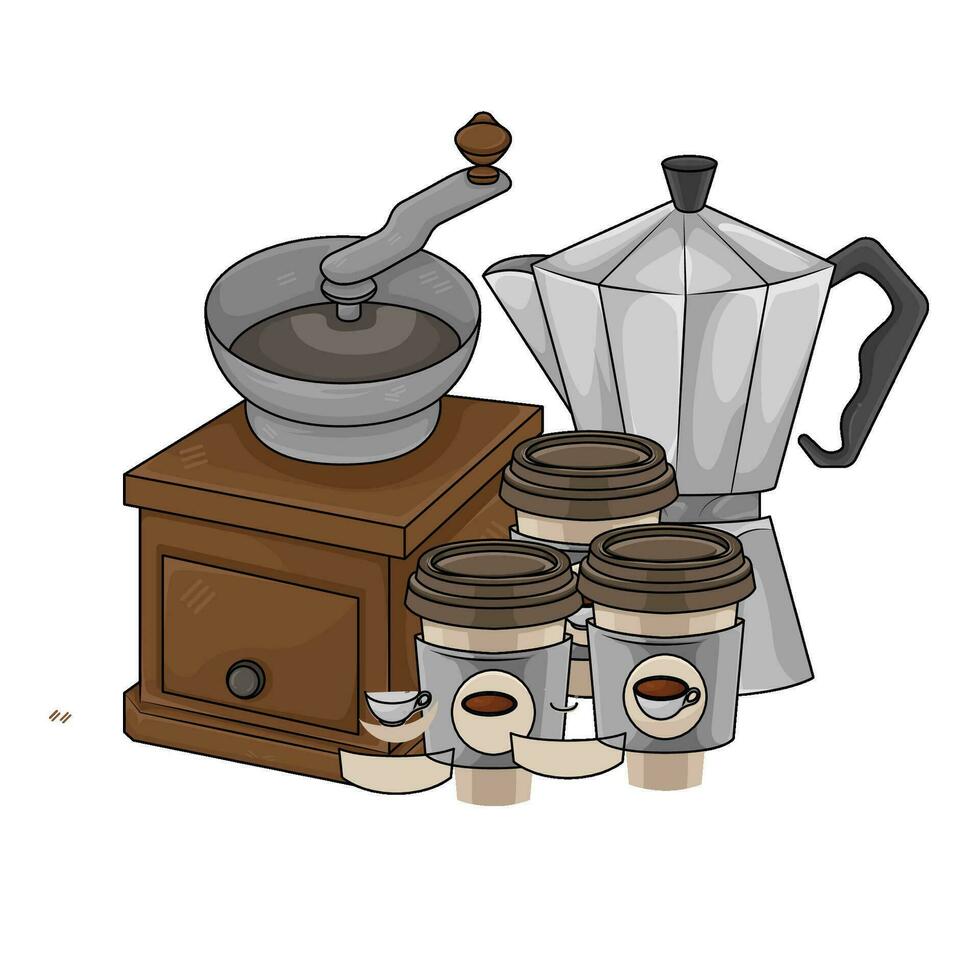 grinder, cup drink with teapot illustration vector