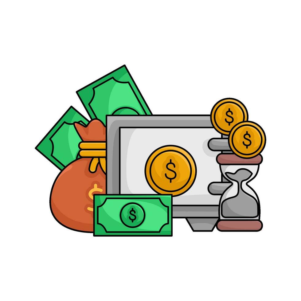 safe money, hourglass, money with money bag illustration vector