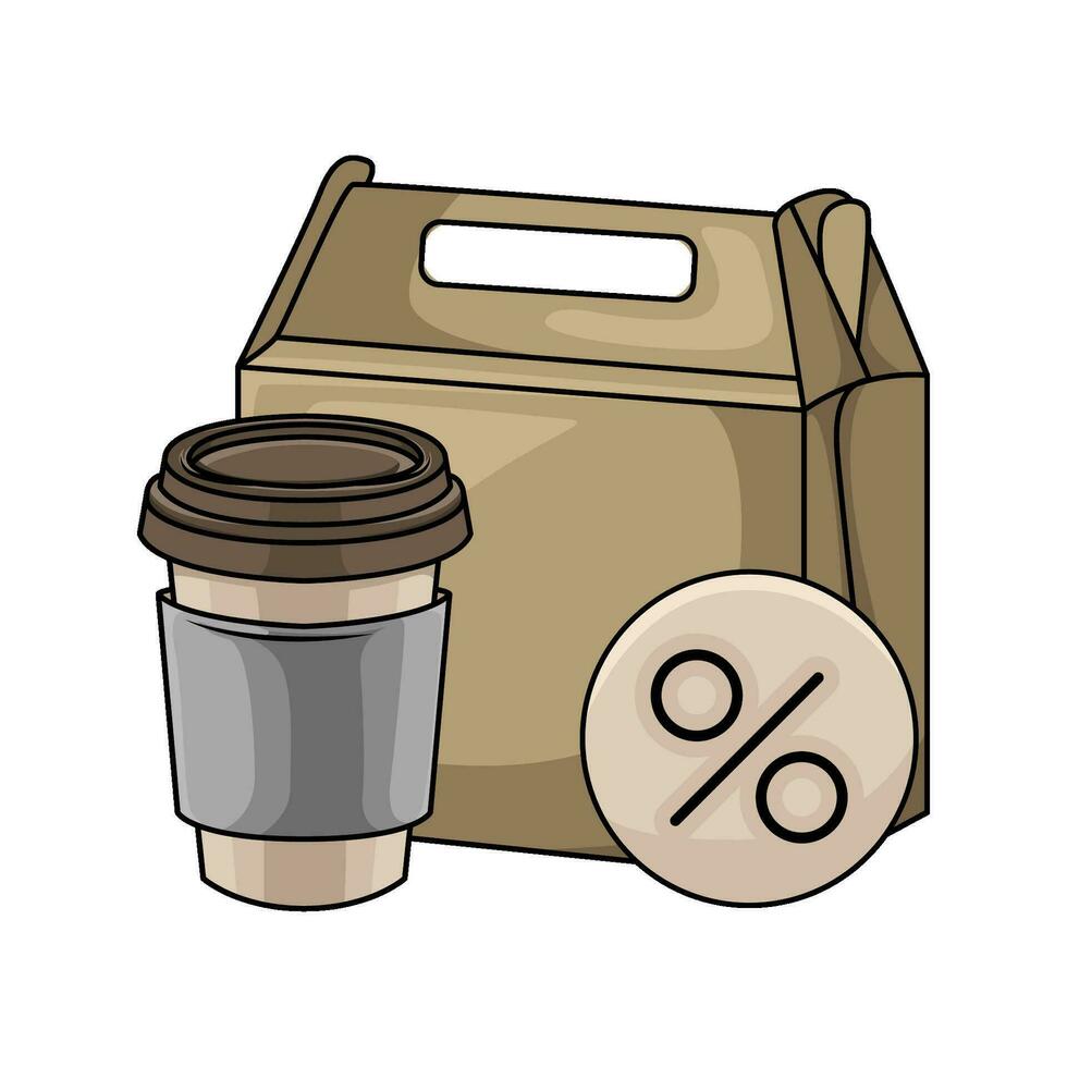 bolsa de papel, rebaja en botón con taza café bebida ilustración vector