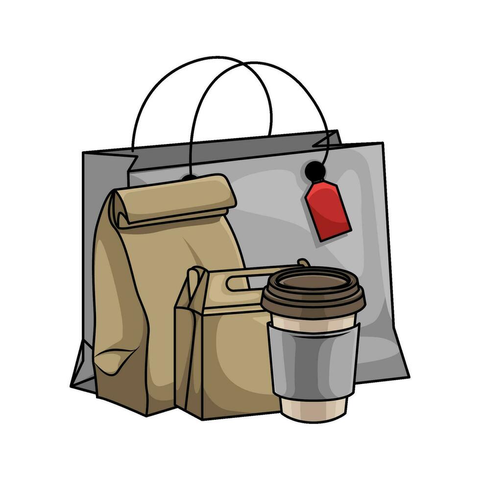 bolsa de papel con taza café bebida ilustración vector