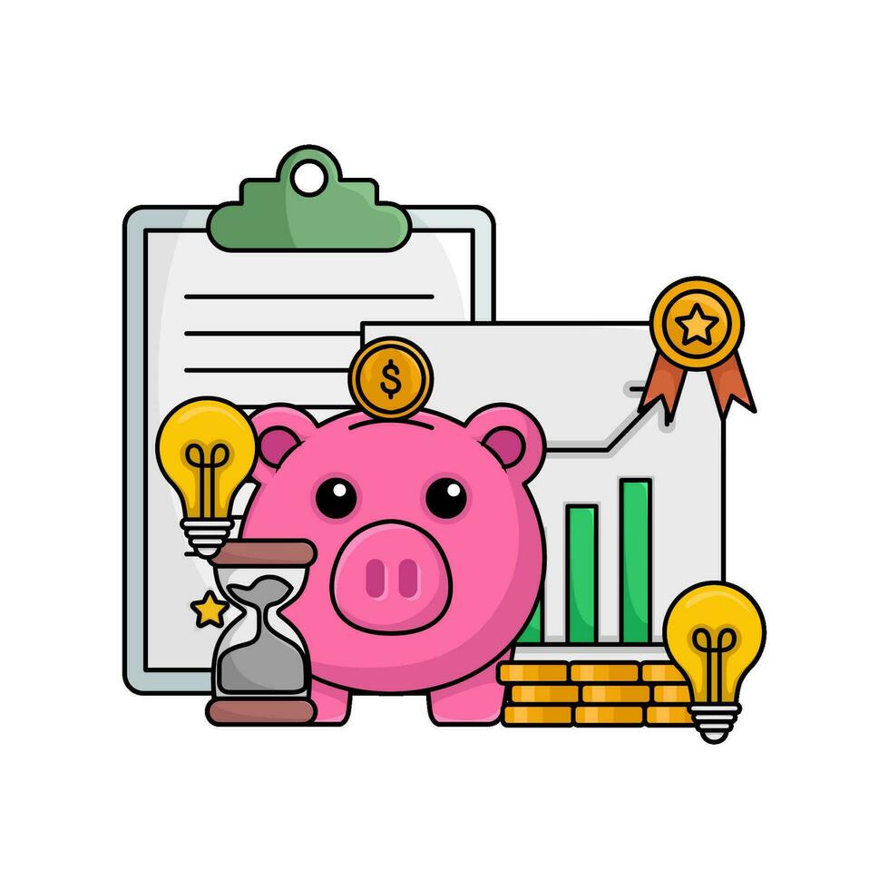 cerdito banco, reloj de arena, dinero moneda, lámpara, premio cinta , gráfico gráfico documento con documento en portapapeles ilustración vector