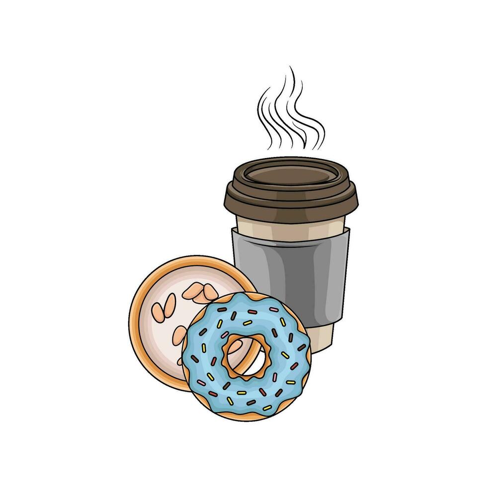 sweet donut with cup coffee drink illustration vector