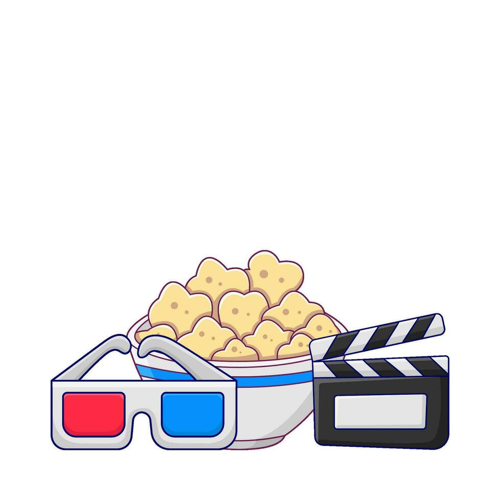 popcorn in bowl, 3d glasses cinema with board action illustration vector