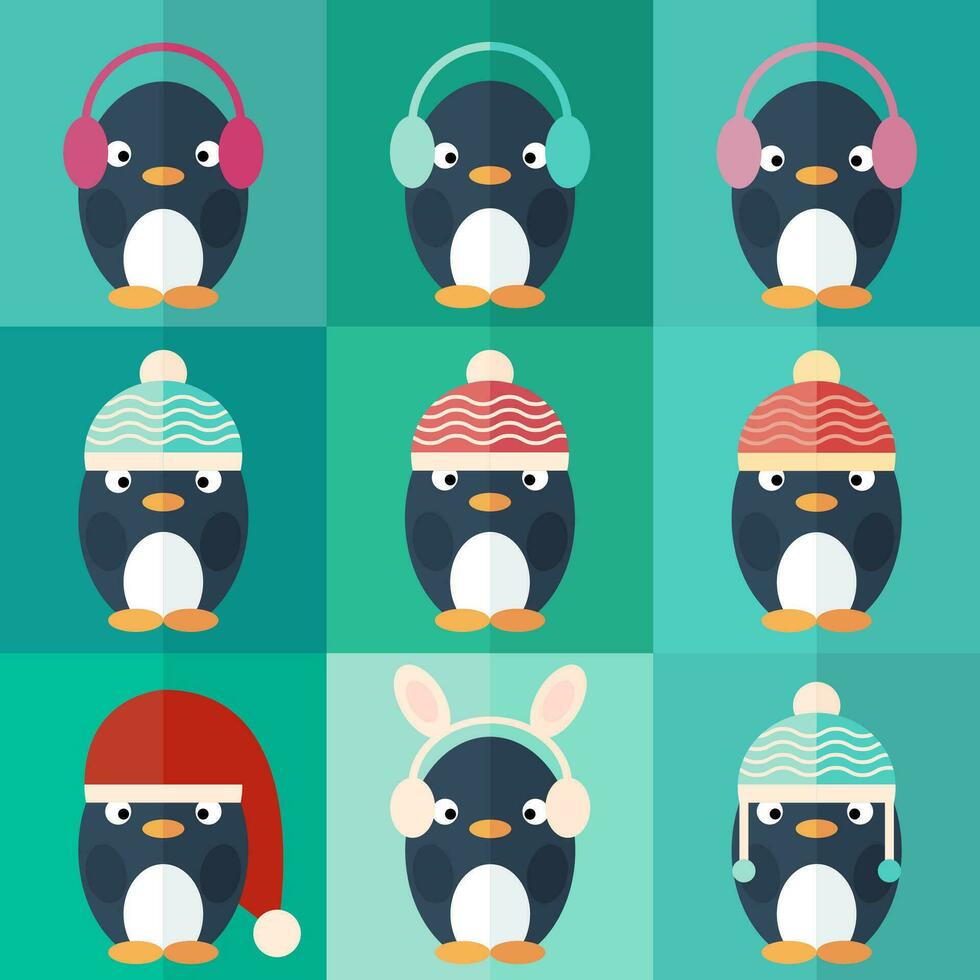 pingüinos íconos conjunto en plano diseño, invierno ilustración vector