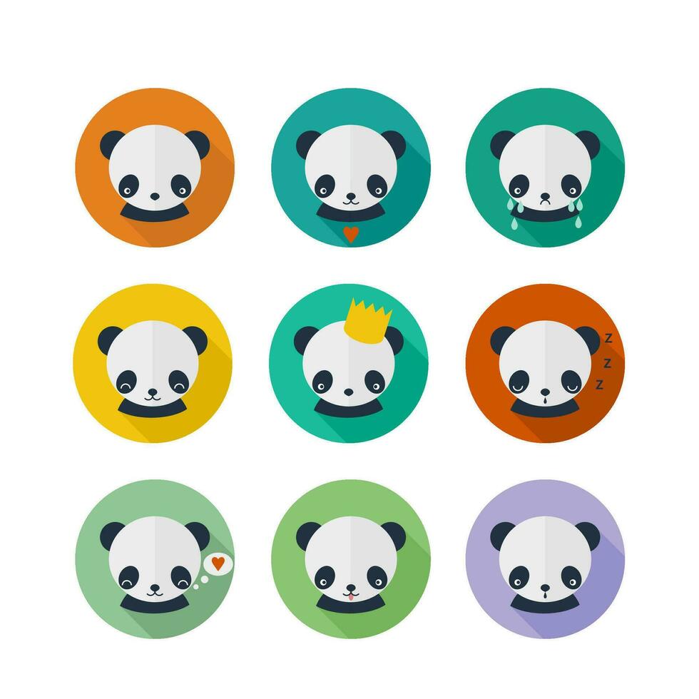 A set of panda stickers or icons with different emotions, round icons in flat vector