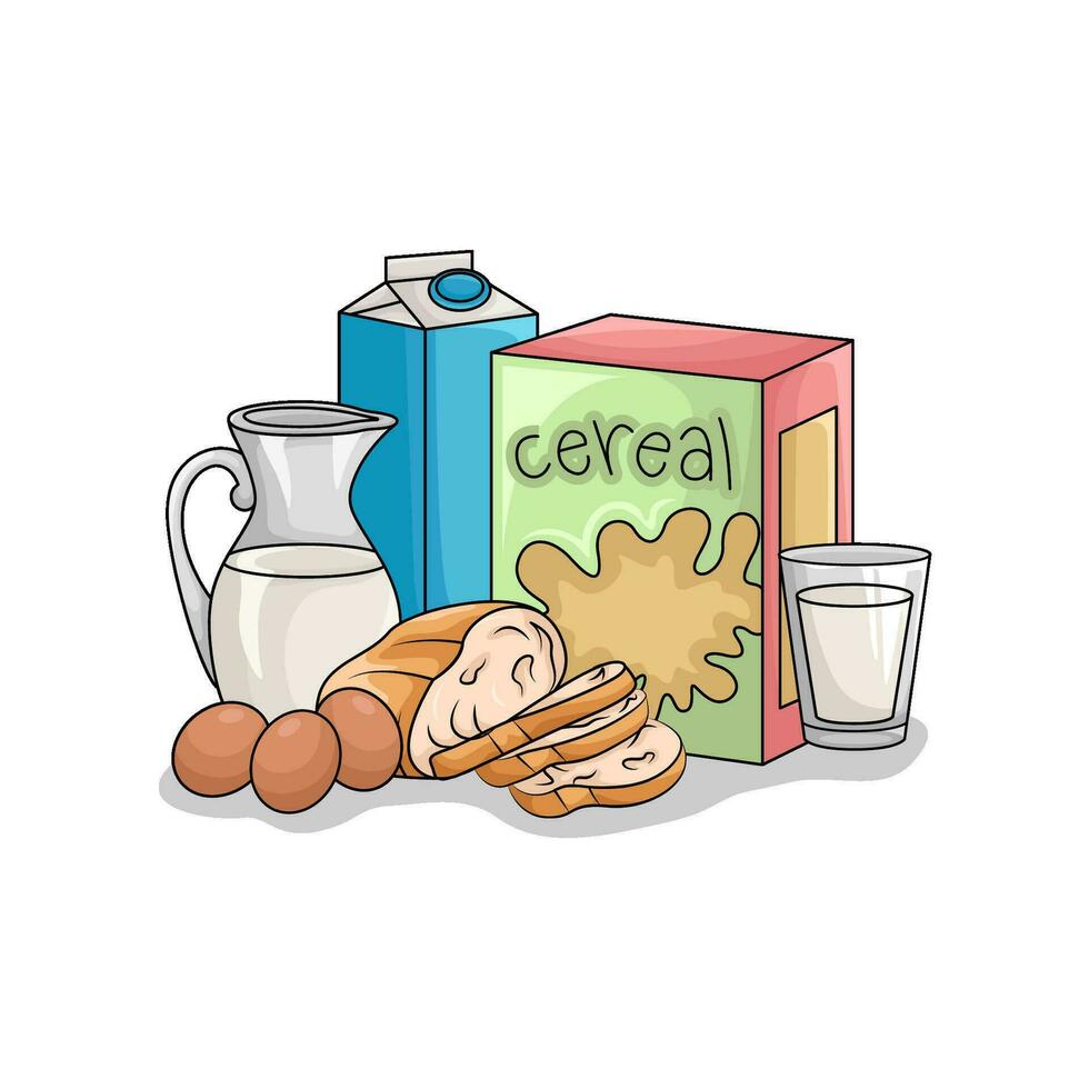 cereal box, bread, milk with egg illustration vector