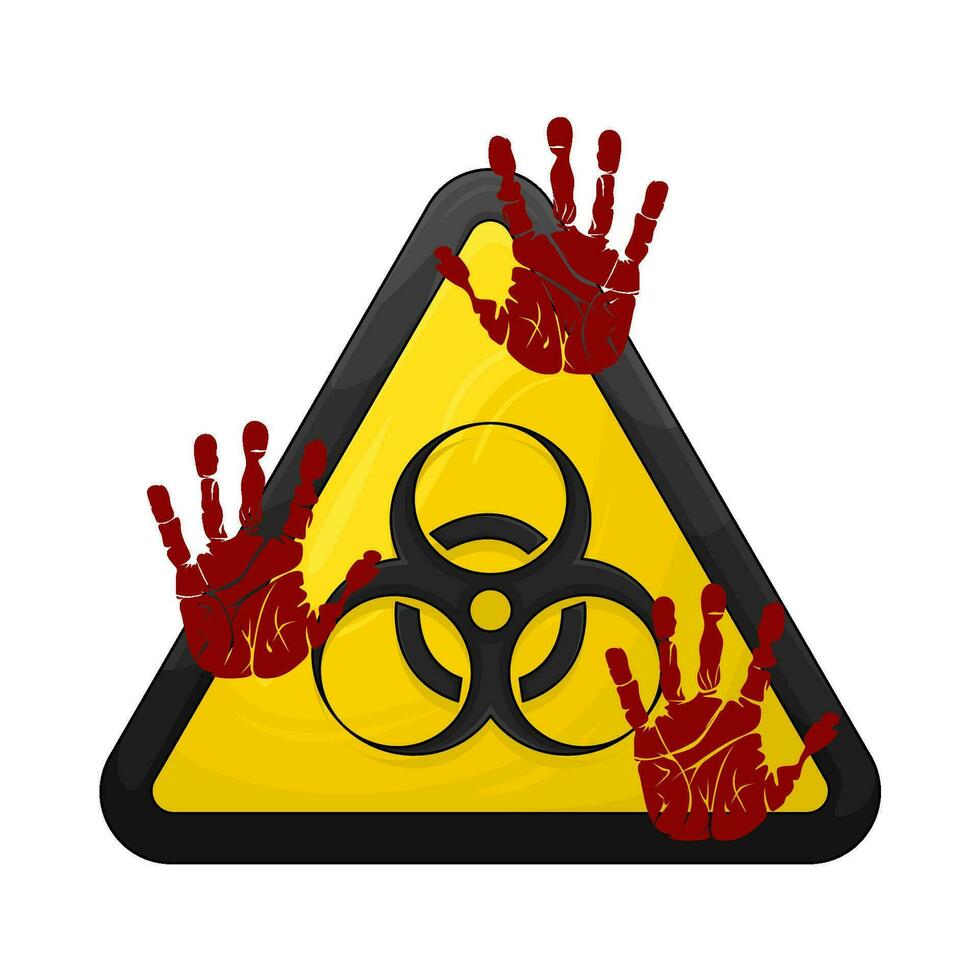 radioactive triangle board with palm prints blood illustration vector